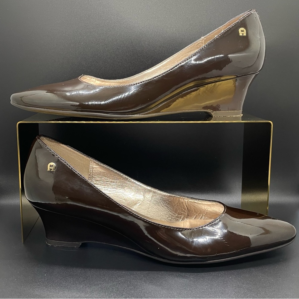 Etienne Aigner, Wanda, Wedge Heel, Patent Leather, Brown, 7.5
